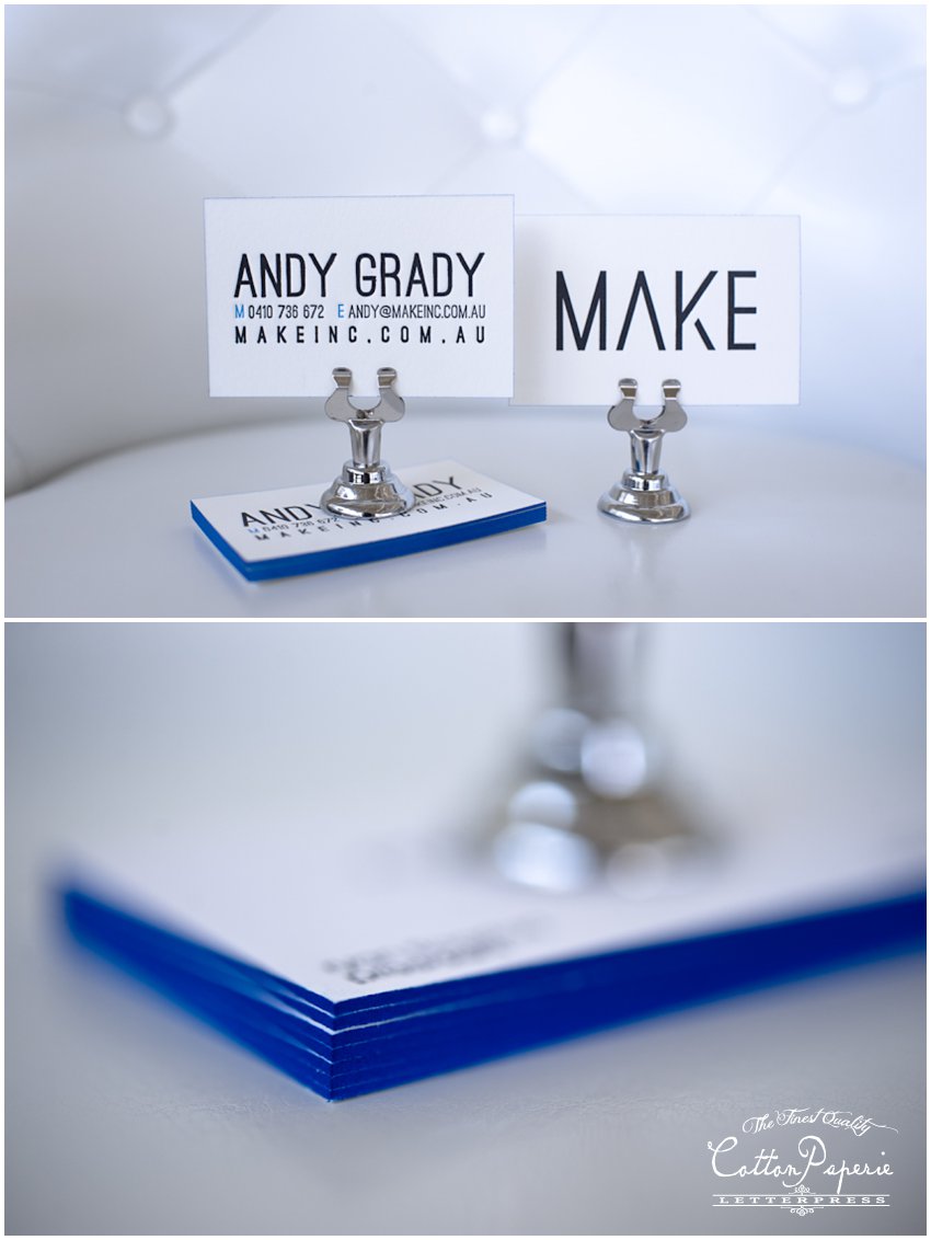 two color letterpress business cards on fluorescent white with edge paint