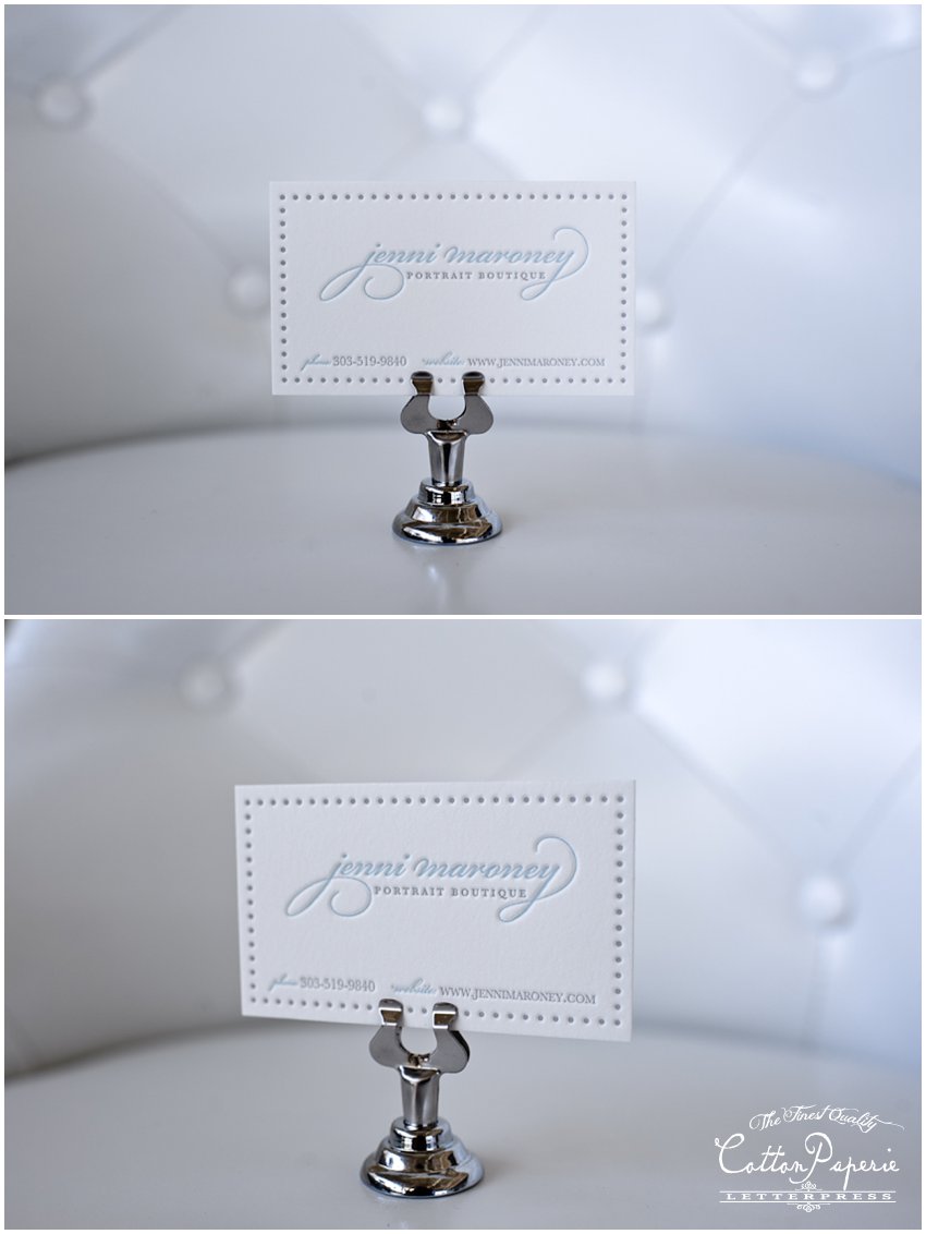 one color letterpress business cards on pearl white crane lettra