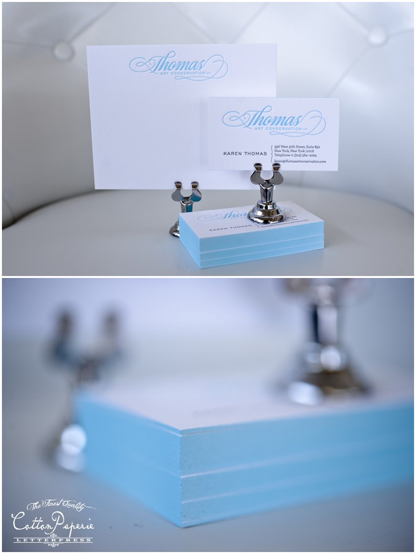 two color letterpress business cards on fluorescent white crane lettra and blue edge paint