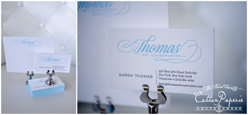 two color letterpress business cards on fluorescent white crane lettra and blue edge paint